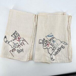 Vintage Hand Embroidered Natural Undyed Cotton Tea Cloth or Heavy Towels Wedding